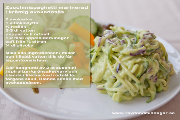 Zucchinispaghetti marinerad i krämig avokadosås